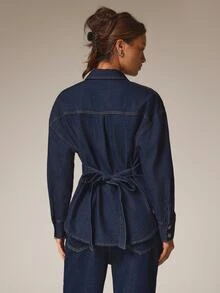 Athîral Denim Women's Solid Color Turn Collar Single-Breasted Fashion Minimalist Versatile Denim Shirt - Dark Wash - View 1