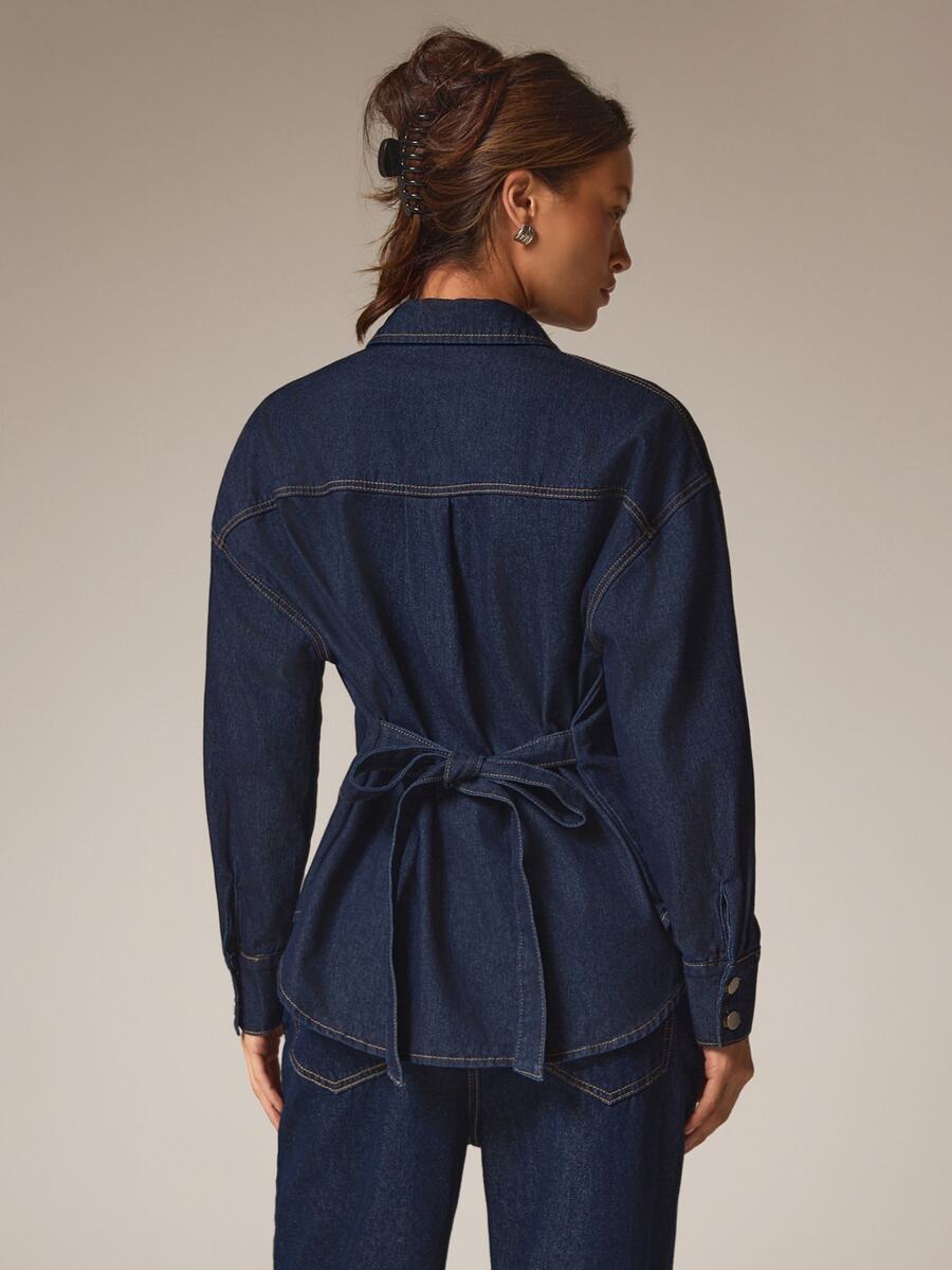 Athîral Denim Women's Solid Color Turn Collar Single-Breasted Fashion Minimalist Versatile Denim Shirt - Dark Wash - View 1