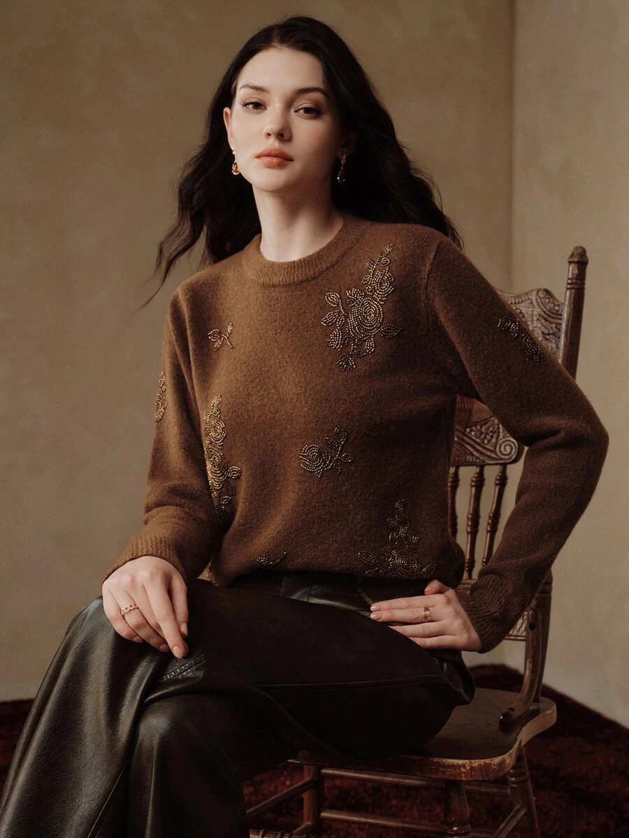 Anewsta Women's Round Neck Knitted Pullover Embroidered Sweater - Brown - View 1