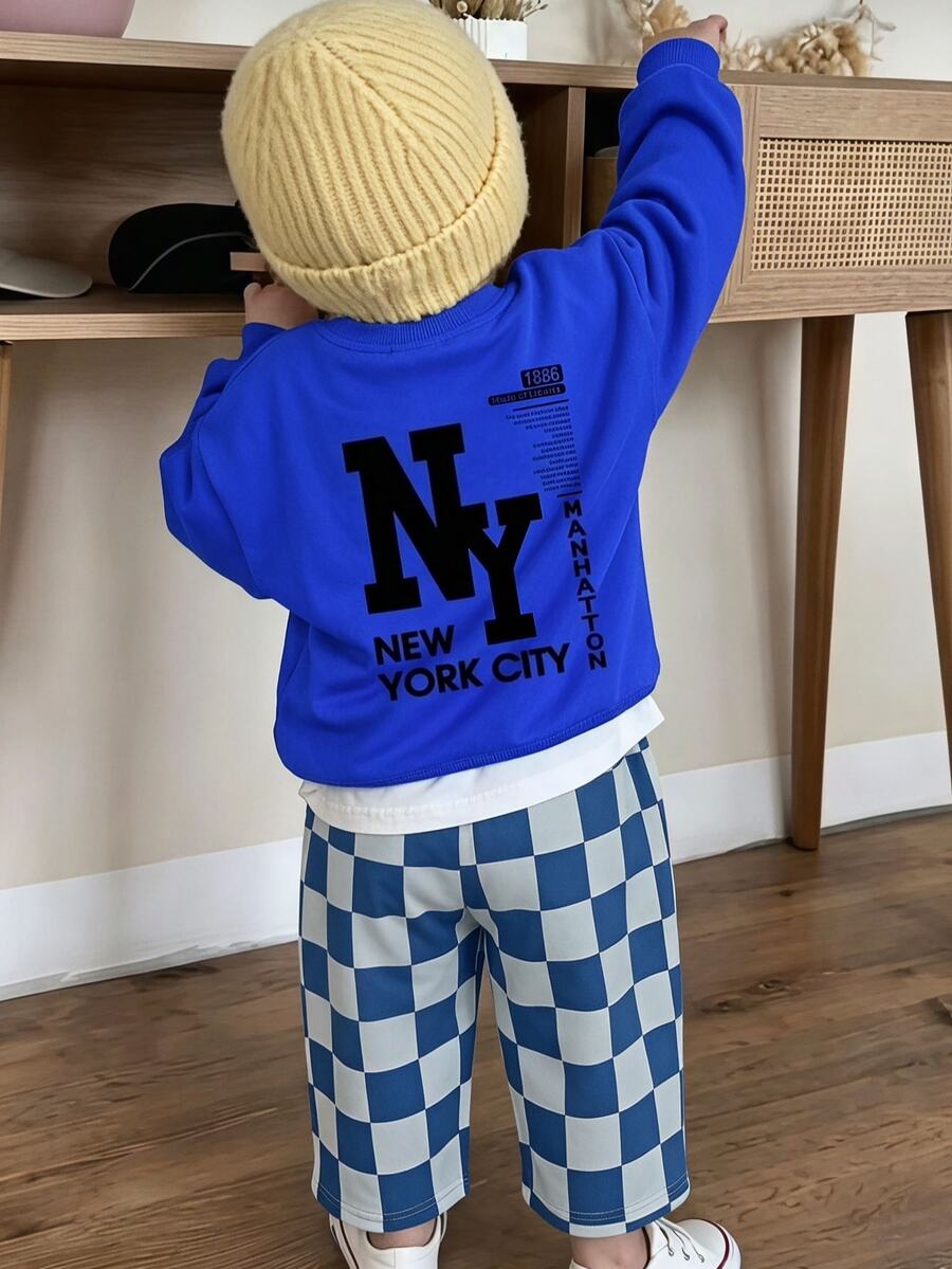 Young Boy Long Sleeve Crew Neck Sweatshirt With Cartoon Pattern And NY Letter, Suitable For Autumn/Winter, Fleece Lined - Multicolor - View 1