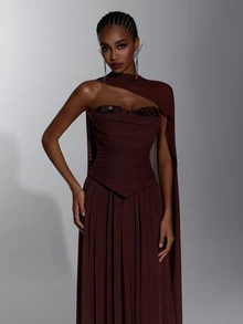 Elitara Elegant Luxurious Glamorous Coffee Brown Elastic Fabric Handmade Rhinestone Chain 2 In 1 A-Line Ruched Train Long Dress Suitable For Wedding Events, Bachelorette Party, Vacation, Ball, Evening Gala, Exhibition, Business, Birthday Party, Graduation Ceremony, Cocktail Party And Other Occasions Women's Formal Evening Gown - Coffee Brown - View 2