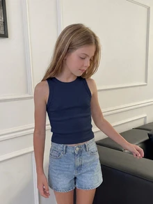 DAZY Crew Neck Pullover Fitted Basic Sleeveless Tank Top For Girls (Large) - Navy Blue - View 7