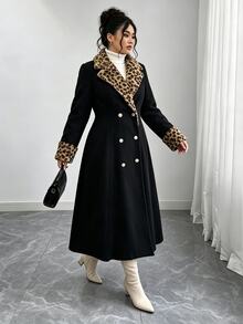Elenzga Plus Size Women's New Leopard Print Patchwork Solid Color Wool Blend Mid-Length Coat, Autumn/Winter Overcoat, Fashion Coat, Mid-Length Coat, Overcoat - Black - View 3