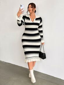 Firerie French Style Polo Collar Black & White Ribbed Ribbed Slim Fit Flare Long Sleeve Ruffle Mid-Length Knit Dress For Commute - Black and White - View 7