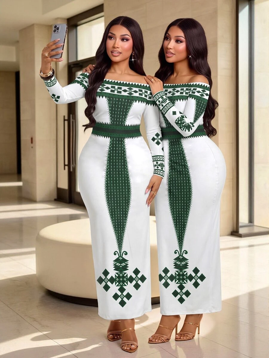 Brilight Geo Print Off Shoulder Long Sleeve Maxi Bodycon Dress Pattern Slim Mermaid Gown For Party Wed - White - View 1