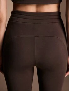 SHEIN BASICS سروال ضيق نسائي بخصر عالي بلون موحد مرن ومشدود - شوكولاته بني - مشاهدة 9