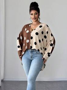 Maweii Plus Size Women's Colorblock Polka Dot Patchwork Sheer Split Batwing Sleeve Sexy Long Sleeve Blouse - Multicolor - View 4