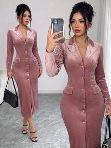 SHEIN Elenzya Women's Solid Color Long Sleeve Collared Waist-Cinching Button-Up Dress - Pink - View 1