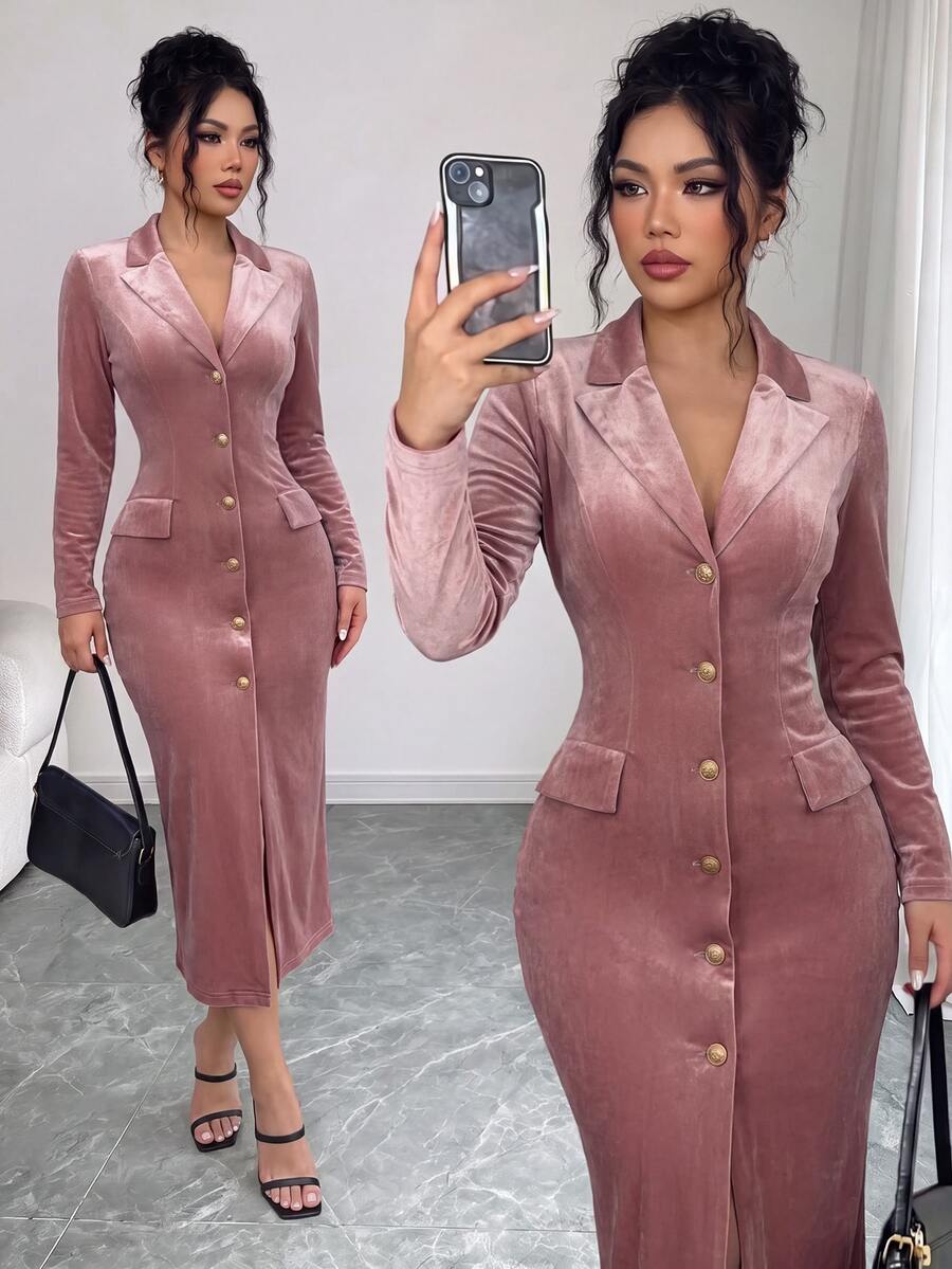 SHEIN Elenzya Women's Solid Color Long Sleeve Collared Waist-Cinching Button-Up Dress - Pink - View 1