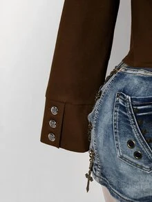 SHEIN ICON 女款大尺碼雙排扣牛仔夾克 - 咖啡棕 - 查看 7