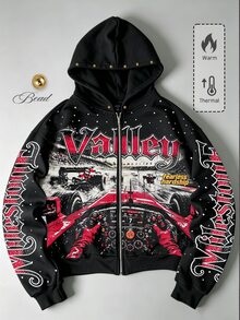 ROMWE MEN 2026秋冬新款時尚賽車圖案酷感男士衛衣連帽衫 厚款秋冬風 VALLEY 中性情侶款休閒街頭美式連帽衛衣外套 女款 - 黑色 - 查看 1