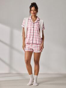 EverLounge Cute Bowknot Plaid Pajama 3 Pieces Set - Multicolor - View 4