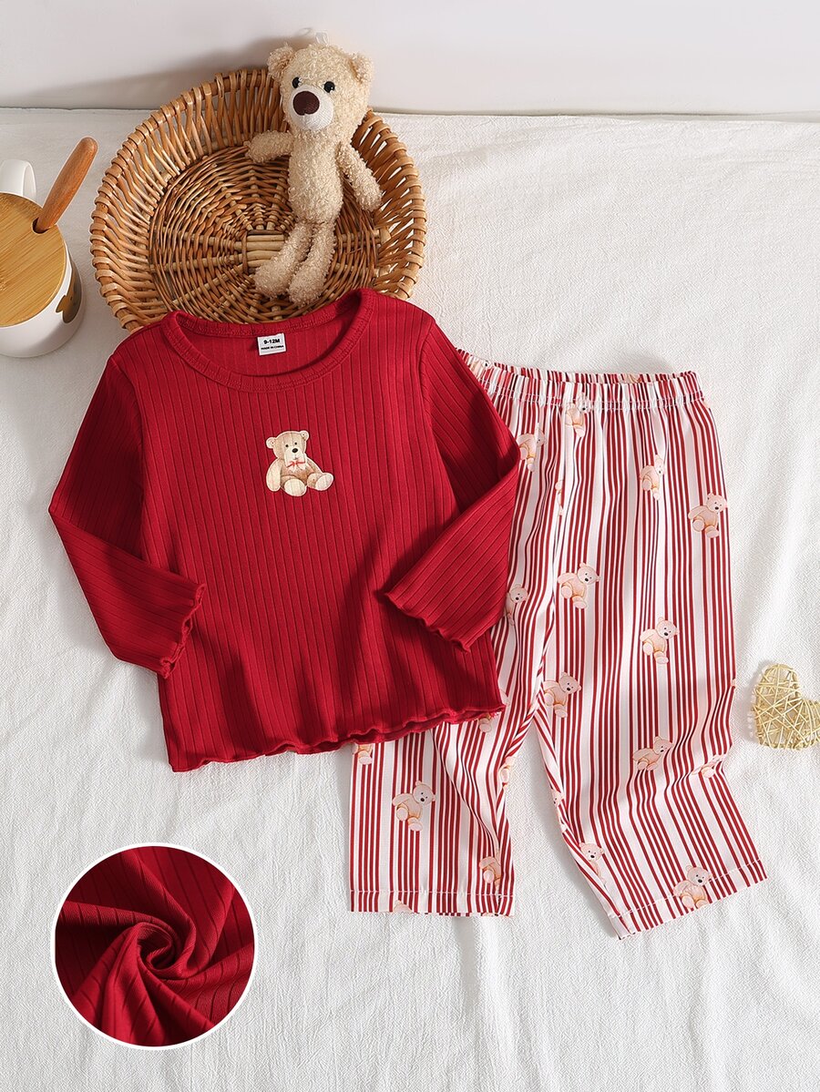 Setelan Pakaian Santai Bayi Perempuan Motif Beruang 3D Warna Krem Putih dengan Atasan Bergaris dan Celana Bergaris Motif Beruang - Merah - View 1