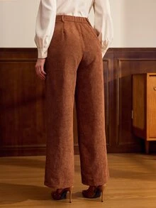 Vintamour Women's Pocket Button Floral Embroidered Pattern Long Pants - Brown - View 2