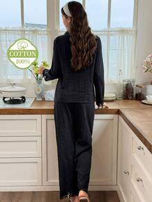 Snug Reverie Women's 100% Pure Cotton Black Open Front Pajama Set, Minimalist Fresh Lace Trim Loungewear Set - Black - View 2