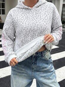 Muchica 大尺碼女款連帽衛衣，豹紋與字母圖案，都市復興街頭風，休閒時尚創意個性化套頭衫 - 彩色 - 查看 5