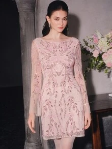 Anewsta Affair [Random Cut]Round Neck Long Sleeve Backless Tie Waist Sequin Elegant Dress - Pink - View 7
