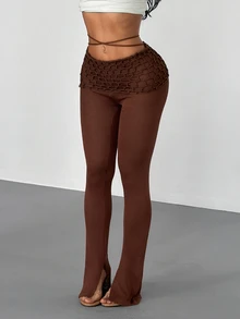 SHEIN ICON Women's Elastic High Waist Fleece Long Pants - Brown - View 3