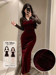 Dazy Tall Women's Long Elegant Lace Patchwork Dress - Burgundy - View 1
