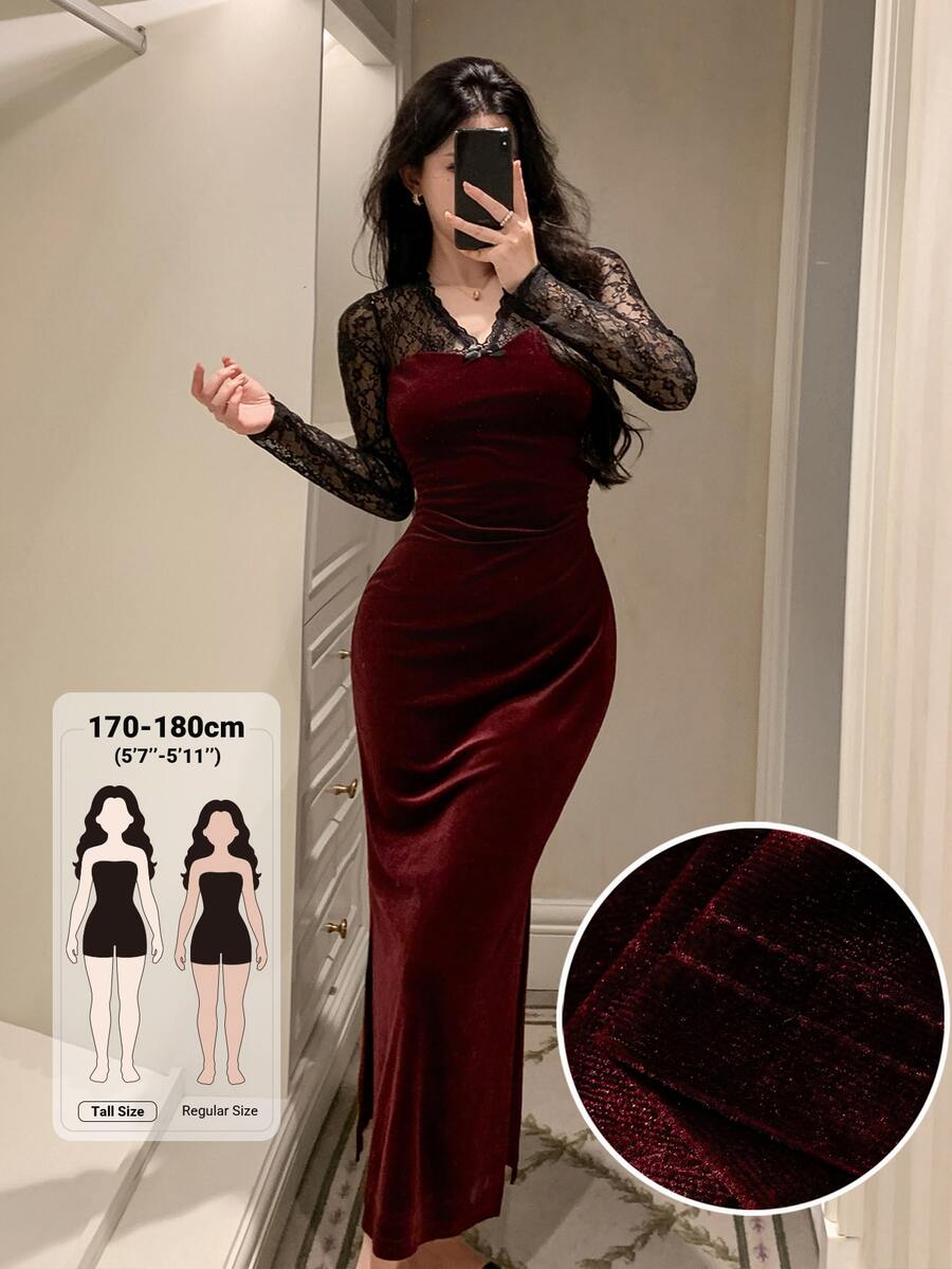Dazy Tall Women's Long Elegant Lace Patchwork Dress - Burgundy - View 1