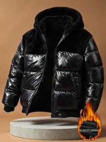Manfinity Homme 萬聖節、聖誕節、新年禮物，男士亮面連帽冬季夾克 - 黑色 - 查看 1