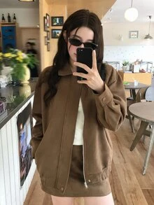 DAZY Women's Solid Color Lapel Casual Jacket And Skirt 2 Pieces Set, Korean Style Spring/Summer - Coffee Brown - View 6