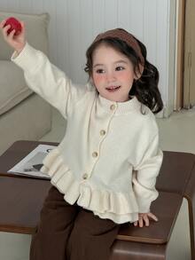 DAZY Infant/Toddler (Girl) Ruffle Trim Casual Korean Style Solid Color Autumn/Winter Long Sleeve Cardigan - Apricot - View 3