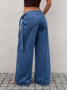 SHEIN Tall 女款側腰綁帶水洗休閒牛仔寬腿褲 - 中等水洗藍 - 查看 2