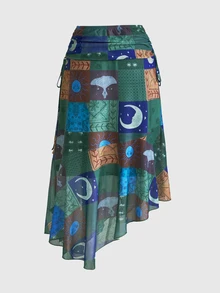 ROMWE Vintage Vacation Boho Hippie Asymmetrical Hem Ruffle Paisley Print Women's Skirt - Multicolor - View 2
