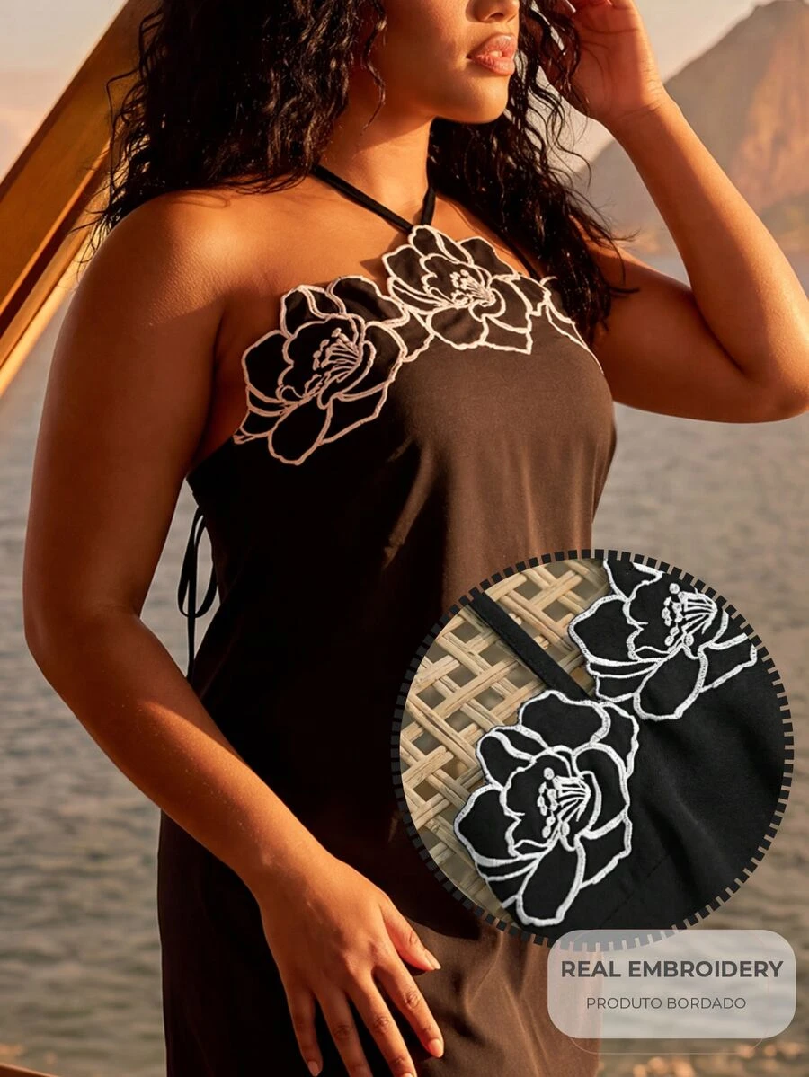 CAJUNI Cute Embroidery Flower Plus Size Short Dress - Black - View 1