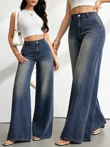 SHEIN Tall جينز نسائي فضفاض متعدد الاستخدامات بأزرار وجيوب - أزرق متوسط - مشاهدة 2