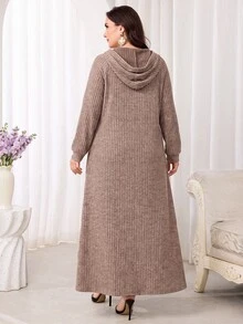 Feyla Plus Size Women's Solid Color Button Design Raglan Long Sleeve Casual Hooded Sweatshirt Dress - Khaki - View 2