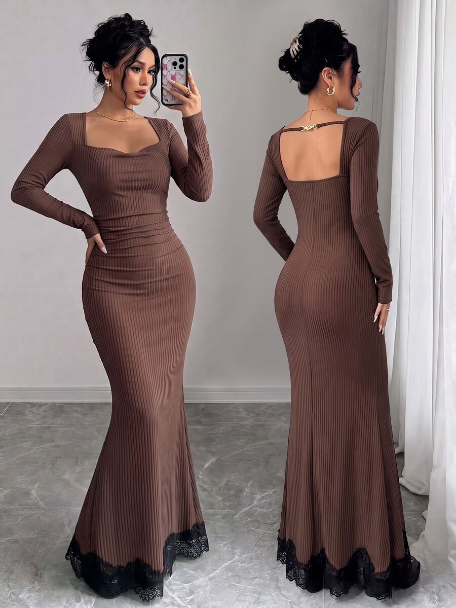 SHEIN Elenzya Gaun Wanita Polos Tanpa Punggung, Model Lengan Panjang Pas Badan - Aprikot - View 1