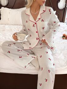 CottageSlumber Women's 100% Cotton Embroidered Cherry Print Open Front White Pajama Set - White - View 10