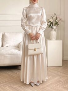 Celisse Gaun Satin Lengan Lentera Leher Tinggi - Aprikot - View 5