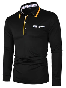 Calvornis 春秋男士長袖 Polo 領襯衫，休閒時尚日常穿著、通勤，適合秋季、正式場合，黑色長袖男士翻領春秋上衣，深色輕奢成熟裝飾輕商務休閒極簡百搭上衣 - 黑色 - 查看 7