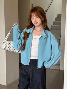 K-Vae Women's Light Blue Stand Collar Loose Casual Zip-Up Cardigan Jacket Top - Blue - View 5