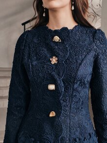 Anewsta Women's Elegant 2 Pieces Set Embroidered Fabric Jacket With Skirt, Autumn New Style - Navy Blue - View 1