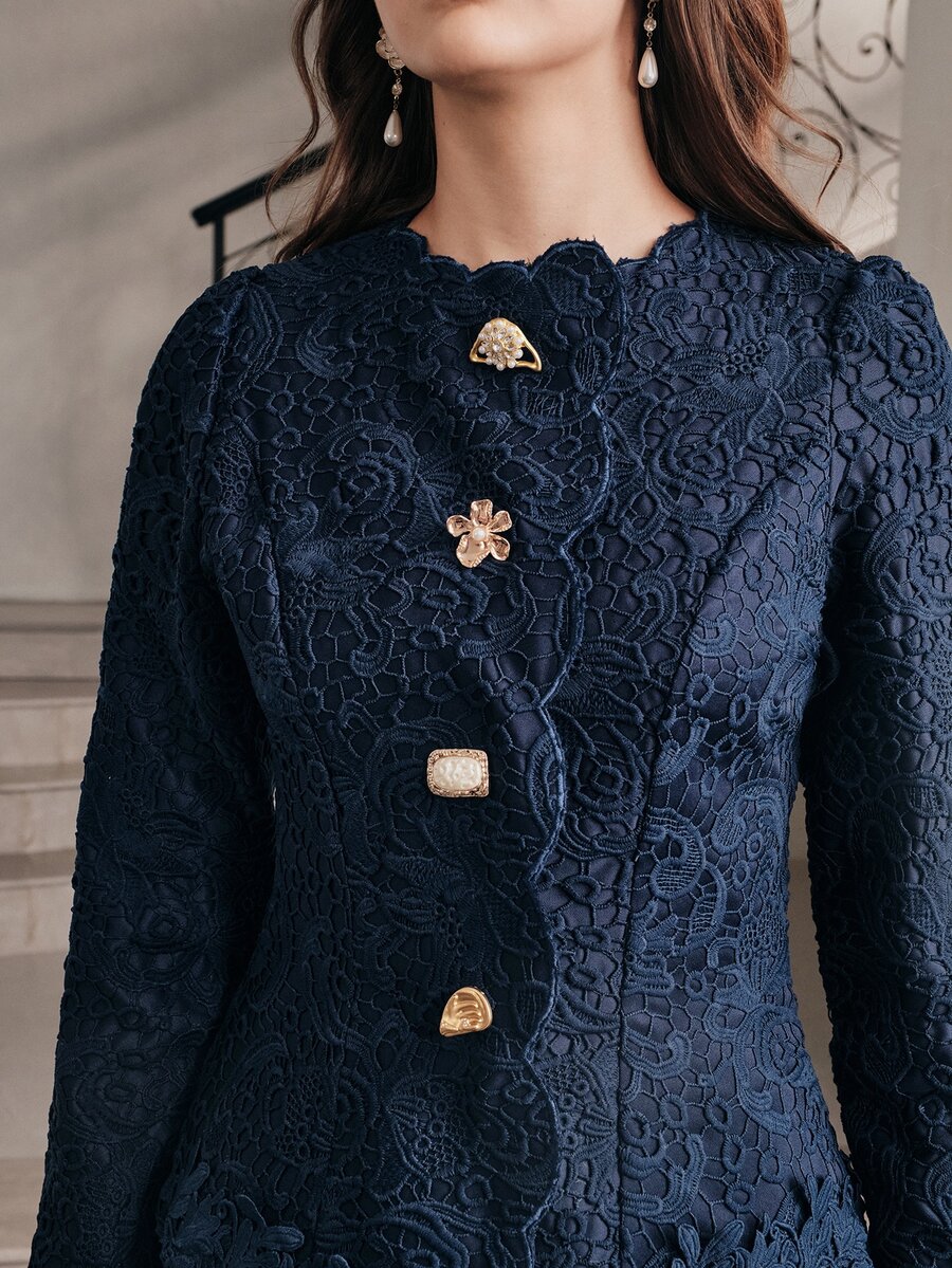 Anewsta Women's Elegant 2 Pieces Set Embroidered Fabric Jacket With Skirt, Autumn New Style - Navy Blue - View 1