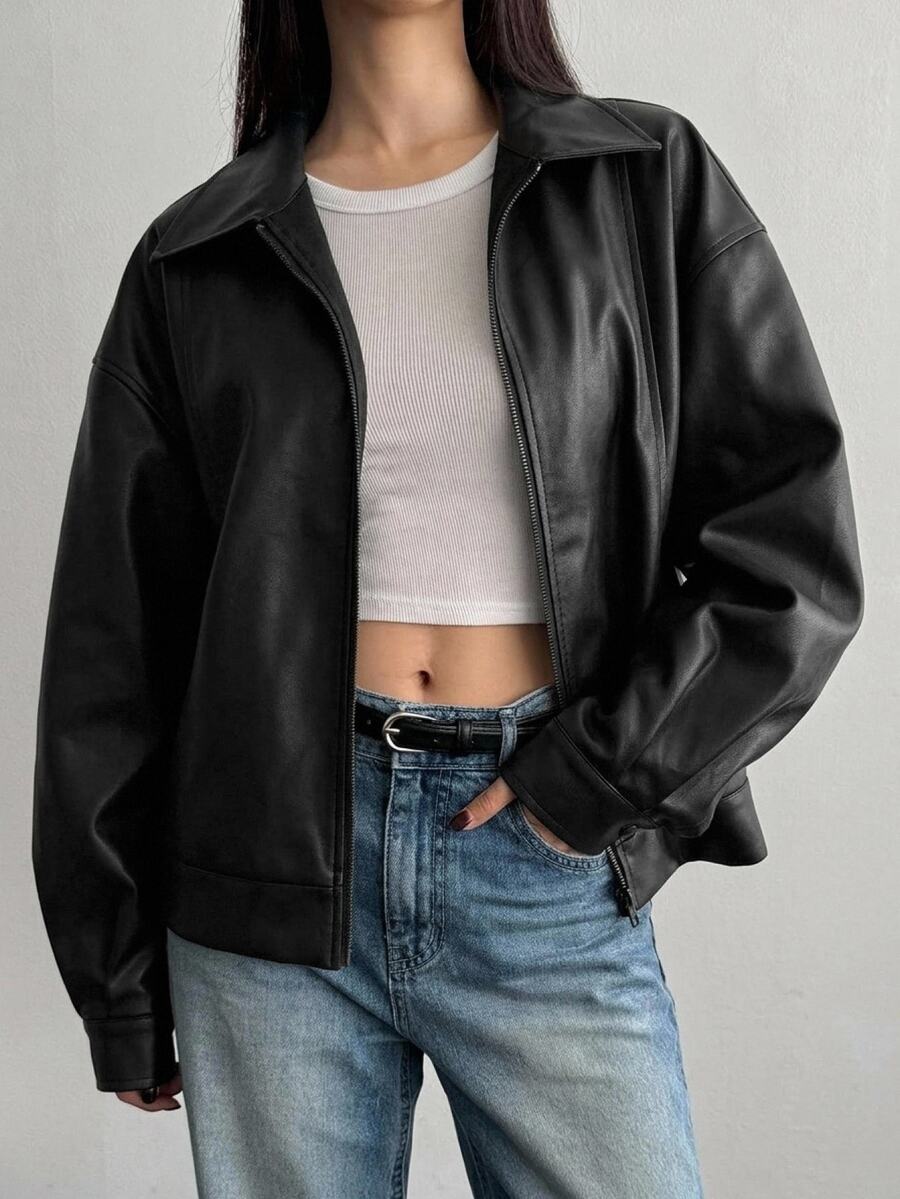 DAZY Lapel Zipper Loose Fit Versatile BF Style Motorcycle Leather Jacket Long Sleeve - Black - View 1