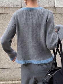 FRIFUL Women's Autumn Contrast Color Slimming Cardigan - Grey - View 2