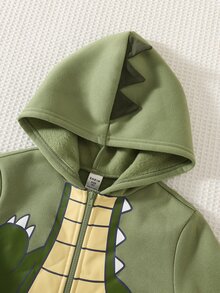 SHEIN Young Boy Casual Comfortable Cute Style Cartoon Dinosaur Design Loose Knit Soft Hooded Long Sleeve Zip-Up Jumpsuit All-Match Versatile Suitable For Home And Outings - Green - View 5