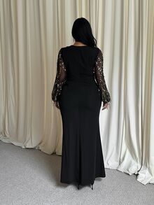 GalTyme Plus Size Women's Fashion Square Neck Mesh Patchwork Long Sleeve Sequin Tassel Design Dress - Black - View 2