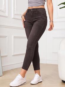 SHEIN PETITE 女款鈕扣半開襟雙口袋修身休閒百搭牛仔褲 - 棕色 - 查看 5