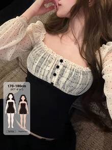 Dazy Tall Women's Colorblock Polka Dot Patchwork Waist-Cinching Casual T-Shirt Fall - Black - View 1