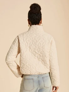 Travachic Women's Stand Collar Floral Quilted Zip-Front Double Pocket Casual Fashion Jacket - Apricot - View 2