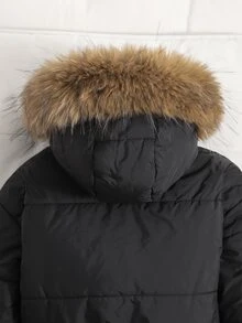 SHEIN 女童加厚保暖內裡黑色連帽外套，腰部拉鍊設計，純色毛領，時尚街頭風，適合戶外活動與日常穿著，長袖冬季外套，酷 Y2K 風格，百搭日常經典，冬季 - 黑色 - 查看 7