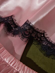 SilkySpell 3pcs Contrast Lace Satin Pajama Set - Dusty Pink - View 6