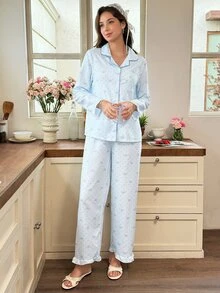 Snug Reverie Bubble Crinkle Bow Polka Dot Print Ruffle Sleeve Long Sleeve Pants Pajama Set - Baby Blue - View 4