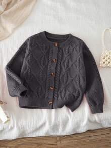 SHEIN 女童純色針織圓領花瓣袖休閒開襟外套 秋冬毛衣 - 灰色 - 查看 5